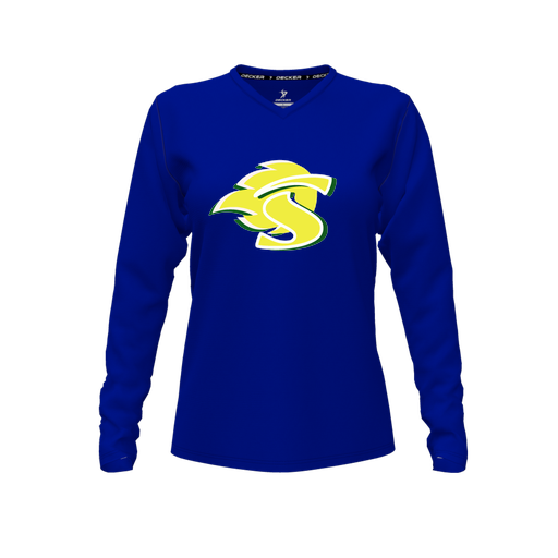 [FTLVCFRY-FYXS-LOGO1] Decker Comfort T-Shirt (Female Youth XS, Royal, V Neck, Logo 1, Long Sleeve)