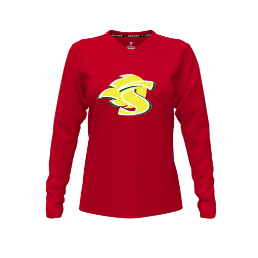 [CUS-DFW-TEES-CMF-VNK-LSL-RED-FYXS-LOGO1] Comfort T-Shirt (Female Youth XS, Red, V Neck, Logo 1, Long Sleeve)