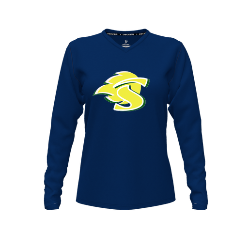 [CUS-DFW-TEES-PER-VNK-LSL-NVY-FYXS-LOGO1] Performance T-Shirt (Female Youth XS, Navy, V Neck, Logo 1, Long Sleeve)