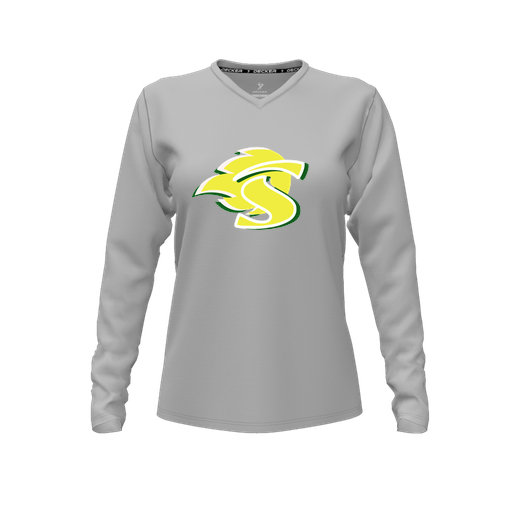 [CUS-DFW-TEES-PER-VNK-LSL-GRY-FYXS-LOGO1] Performance T-Shirt (Female Youth XS, Gray, V Neck, Logo 1, Long Sleeve)